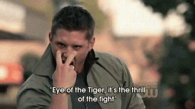 A Man Is Holding His Nose And Saying `` Eye Of The Tiger , It 'S The Thrill Of The Fight '' GIF