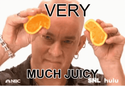A Man Is Holding Two Slices Of Orange In Front Of His Eyes And The Caption Says Very Much Juicy Snl Hulu GIF