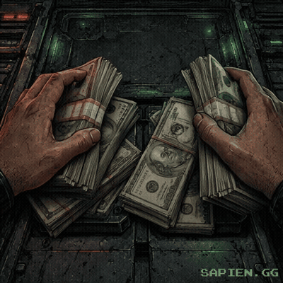 A Man Is Holding Two Stacks Of Money In His Hands With The Words Sapien.gg Below Them GIF