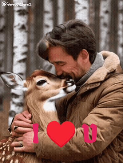 A Man Is Hugging A Deer With A Heart That Says " I Love You " GIF