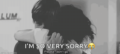 A Man Is Hugging A Woman With The Words I 'M So Very Sorry Please Do N't Go . GIF