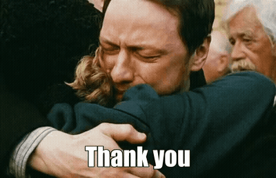 A Man Is Hugging A Woman With The Words `` Thank You '' Written Above Him . GIF