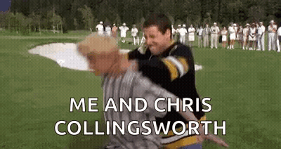 A Man Is Hugging Another Man On A Golf Course And Says `` Me And Chris Collinsworth '' . GIF