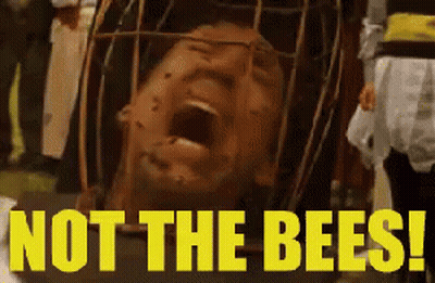 A Man Is In A Cage With Bees On His Face . GIF