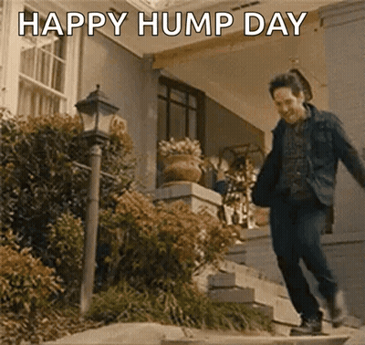 A Man Is Jumping Down A Set Of Stairs With The Words Happy Hump Day Below Him GIF