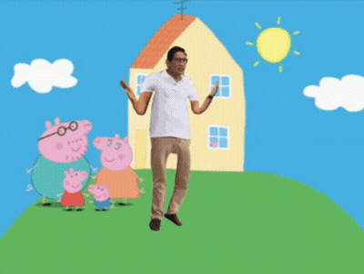 A Man Is Jumping In Front Of A Peppa Pig Drawing GIF