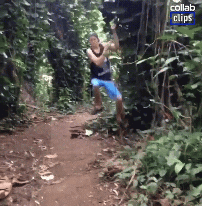 A Man Is Jumping In The Air In A Jungle With A Collab Clips Logo In The Corner GIF