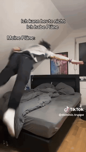 A Man Is Jumping In The Air In Front Of A Bed With The Caption Ich Kann Heute Nicht Ich Habe Plane Meine Plane GIF