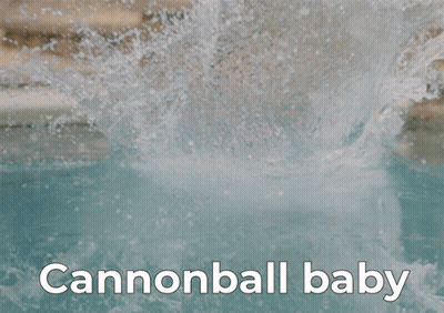 A Man Is Jumping Into A Pool With The Words Cannonball Baby Written Below Him GIF