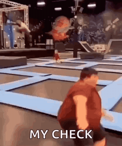 a man is jumping on a trampoline with the words `` my check '' written below him .