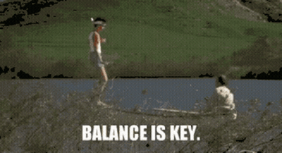 A Man Is Jumping Over A Body Of Water With The Words Balance Is Key GIF