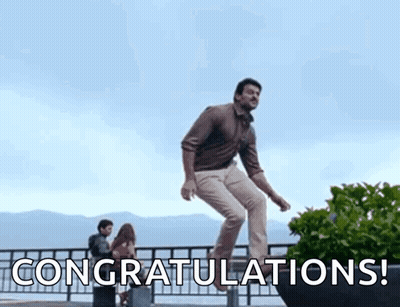 A Man Is Jumping Over A Fence With The Words `` Congratulations '' Written On The Bottom . GIF