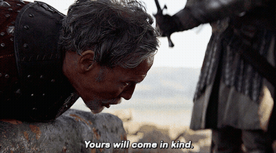 A Man Is Kneeling Down And Saying " Yours Will Come In Kind " To Another Man GIF