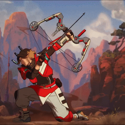A Man Is Kneeling Down Holding A Bow And Arrow With Mountains In The Background GIF