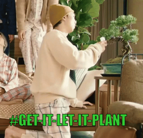 A Man Is Kneeling Down In Front Of A Bonsai Tree With The Words Get-It-Let-It-Plant Below Him GIF
