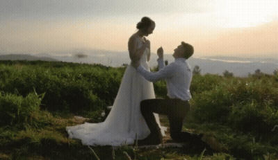 A Man Is Kneeling Down In Front Of A Bride In A Wedding Dress In A Field . GIF