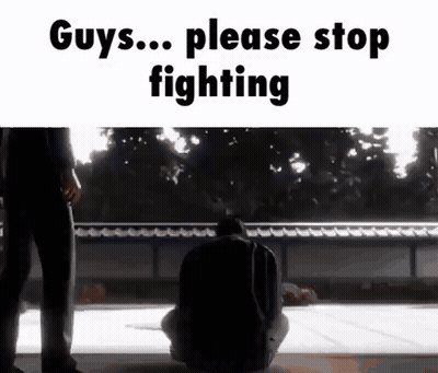 A Man Is Kneeling Down In Front Of A Man Standing Next To Him And Says `` Guys ... Please Stop Fighting '' . GIF