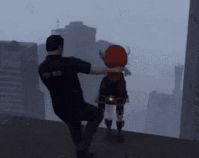 A Man Is Kneeling Down Next To A Doll On A Ledge In A Video Game . GIF