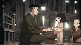 A Man Is Kneeling Down Next To A Little Girl In A Kimono And Holding Her Hand . GIF