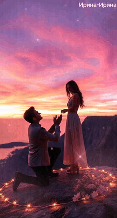 a man is kneeling down to propose to a woman in front of a pink sky