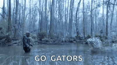 A Man Is Kneeling In A Swamp With The Words Go Gators Written On The Bottom GIF