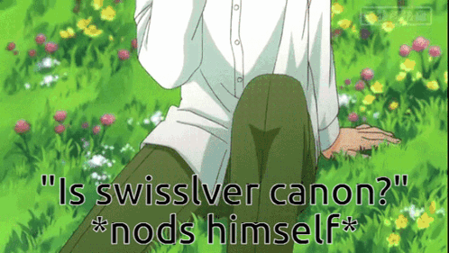 A Man Is Kneeling In The Grass With The Words " Is Swissver Canon " Above Him GIF