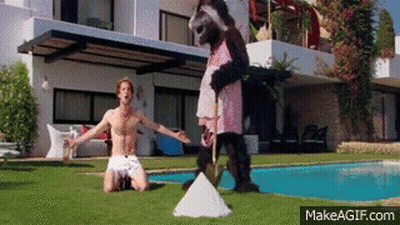 A Man Is Kneeling On The Grass Next To A Pool While A Gorilla In A Pink Dress Stands Behind Him . GIF
