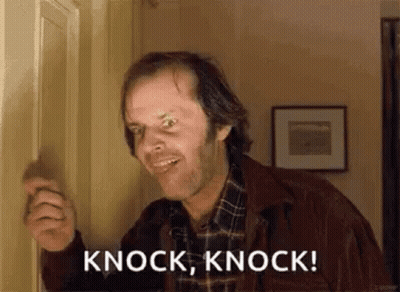 A Man Is Knocking On A Door With The Words `` Knock , Knock '' Written On It . GIF