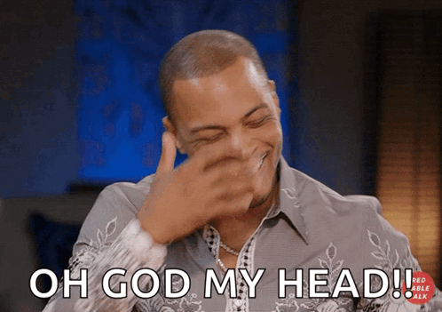 A Man Is Laughing And Covering His Face With His Hand And Says Oh God My Head GIF