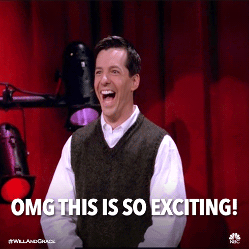 A Man Is Laughing With The Words " Omg This Is So Exciting " Below Him GIF
