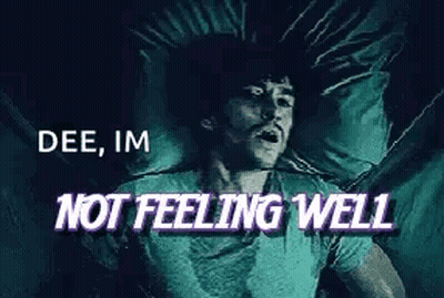 A Man Is Laying In A Bed With His Mouth Open And The Words `` Dee , Im Not Feeling Well '' . GIF