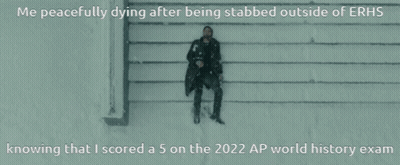 A Man Is Laying In The Snow With The Words " Me Peacefully Dying After Being Stabbed Outside Of Erhs " Above Him GIF