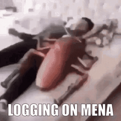 A Man Is Laying On A Bed Next To A Cockroach With The Words Logging On Mena Written On The Bottom . GIF