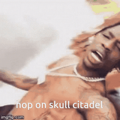 A Man Is Laying On A Bed With The Words Hop On Skull Citadel Written Below Him GIF