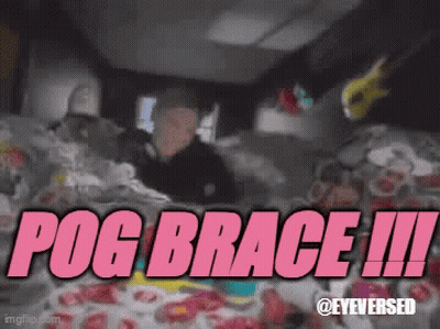 A Man Is Laying On A Bed With The Words Pog Brace Ii Written In Pink GIF