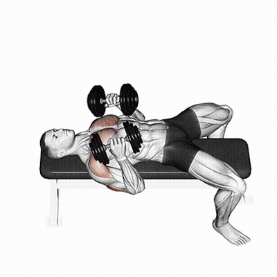 A Man Is Laying On A Bench With A Dumbbell In His Hand . GIF
