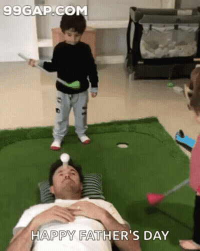 A Man Is Laying On A Pillow With A Child Playing Golf And The Words Happy Father 'S Day Are On The Bottom GIF
