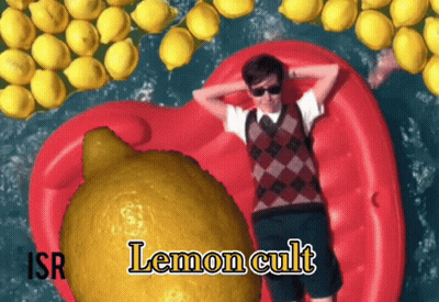 A Man Is Laying On A Red Raft Surrounded By Lemons And The Word Lemon Cult Is On The Bottom Right GIF