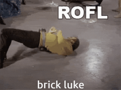 A Man Is Laying On The Floor With The Words Rofl Brick Luke GIF