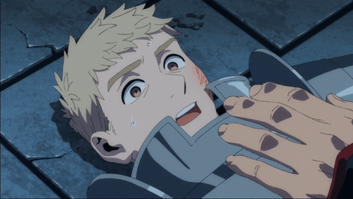 A Man Is Laying On The Ground With His Mouth Open And A Hand Reaching Out Towards Him GIF