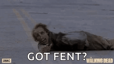 A Man Is Laying On The Ground With The Words `` Got Fent '' Written Above Him . GIF