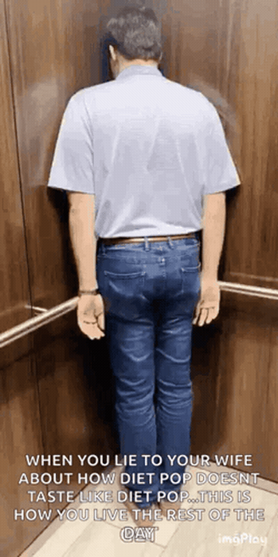 A Man Is Leaning Against A Wall In An Elevator With A Caption That Reads When You Lie To Your Wife GIF