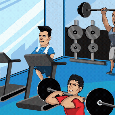 A Man Is Lifting A Barbell In A Gym While Another Man Is Sitting On A Treadmill GIF
