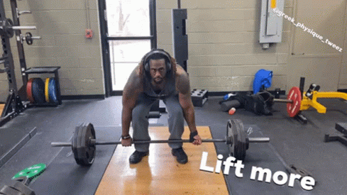 A Man Is Lifting A Barbell In A Gym With The Words Lift More Below Him GIF