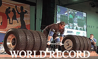 A Man Is Lifting A Barbell On Top Of A Pile Of Tires With The Words World Record On The Bottom GIF