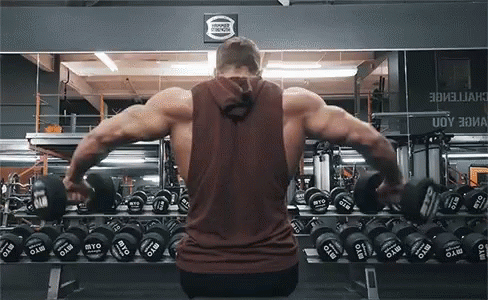 A Man Is Lifting Dumbbells In A Gym While Wearing A Brown Tank Top . GIF