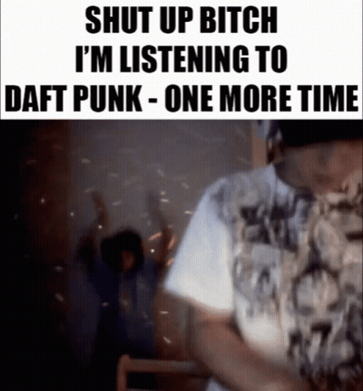 A Man Is Listening To Daft Punk - One More Time While A Woman Looks On . GIF