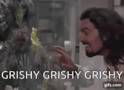 A Man Is Looking At A Fish Tank With The Words " Grishy Grishy Grishy " On The Bottom GIF