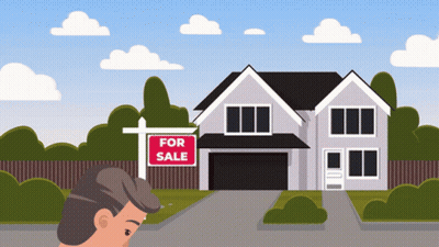 A Man Is Looking At A House With A For Sale Sign In Front Of It GIF