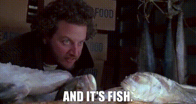 A Man Is Looking At A Large Fish With The Words `` And It 'S Fish '' Written Next To Him . GIF